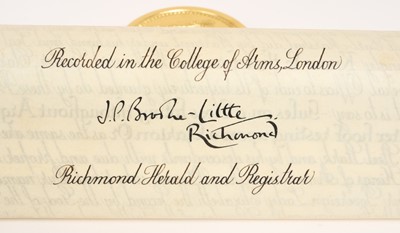 Lot 6 - Sir Andrew Stark, KCMG, CVO, fine painted on velum grant of Arms dated 1976 and with attached seals in original fitted scarlet box with gilt printed crowned ER cyphers. Provenance