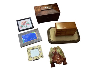 Lot 5261 - Sundry items, including a Victorian mahogany tea caddy, carved wooden wall masks, metalwares, etc