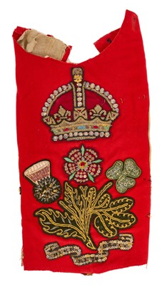 Lot 7 - 1950s Tower of London Warden's (Beefeater) State dress tunic front with embroidered bullion work crown over thistle, rose and shamrock devices.