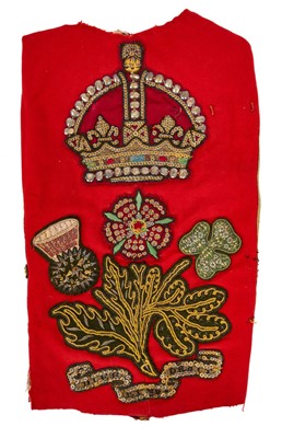Lot 7 - 1950s Tower of London Warden's (Beefeater) State dress tunic front with embroidered bullion work crown over thistle, rose and shamrock devices.
