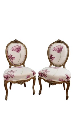 Lot Pair of well upholstered 19th century showwood hall chairs with Manuel Canovas fabric