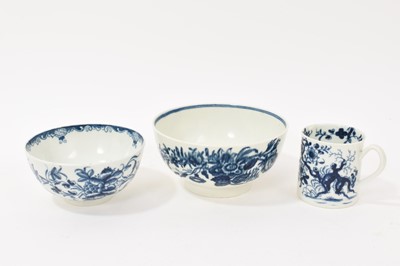 Lot 263 - Worcester Prunus Root pattern small can, circa 1760, a Worcester Mansfield pattern small bowl and a Three Flowers pattern bowl