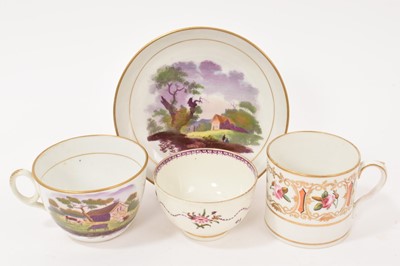 Lot 271 - New Hall Bute Shape teacup and saucer, with printed and painted decoration, a Caughley Target pattern tea bowl and an English porcelain coffee can