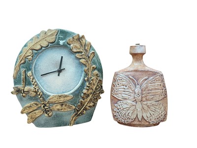 Lot 2278 - Aaron Rooke pottery clock decorated with dragonfly's, 29cm high, together with a Bernard Rooke style lamp base, 24cm high