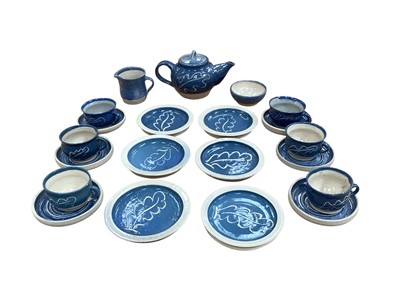Lot 2281 - Studio pottery blue and white glazed teaset, all pieces stamped with m (21 pieces)