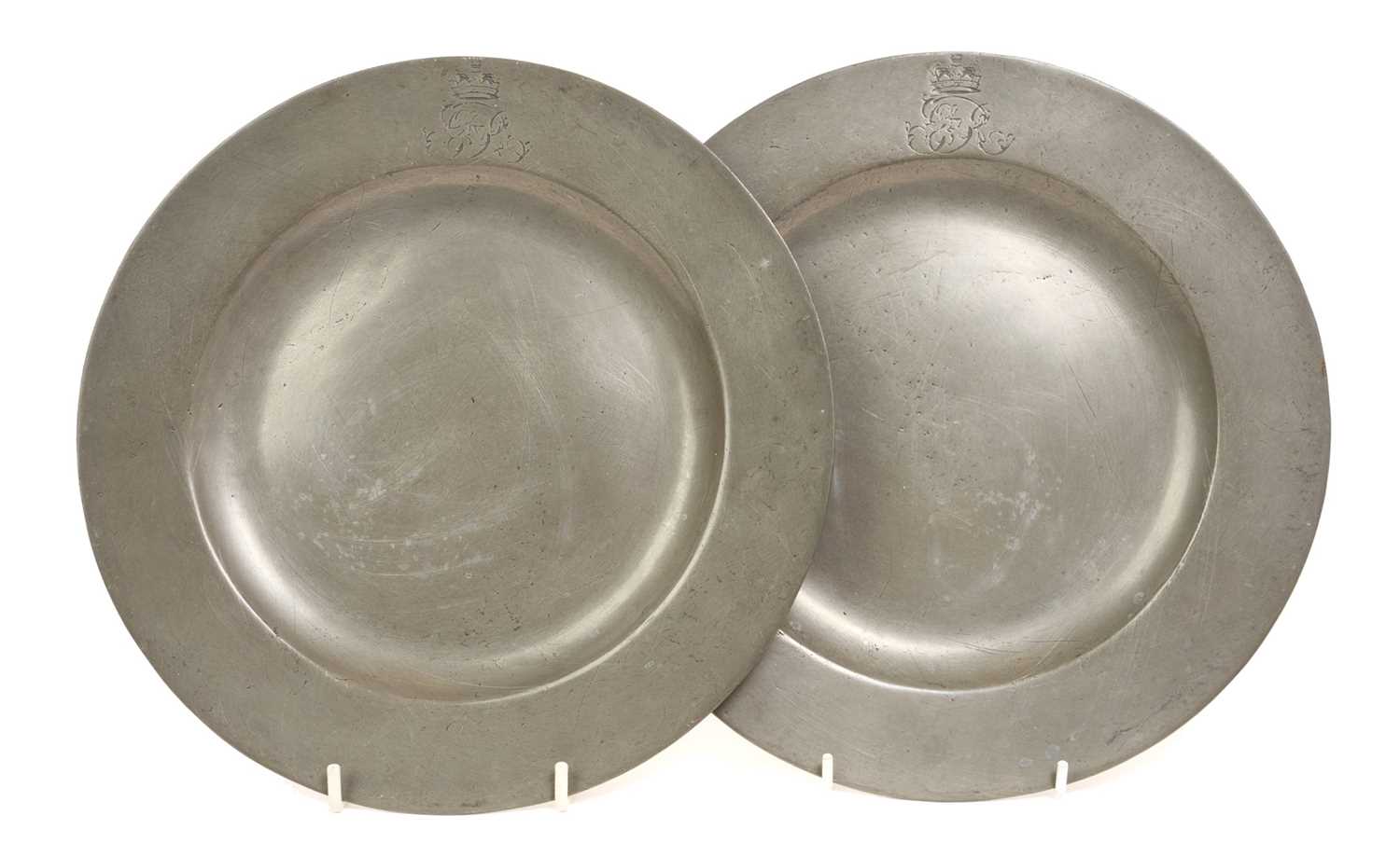 Lot 10 - The Coronation of H.M. King George IV, July 19th 1821, pair pewter plates made for the Coronation banquet held at Westminster Hall each with engraved crowned GR IV cypher to border, 24.7cm diamet...