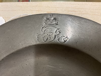 Lot 10 - The Coronation of H.M. King George IV, July 19th 1821, pair pewter plates made for the Coronation banquet held at Westminster Hall each with engraved crowned GR IV cypher to border, 24.7cm diamet...