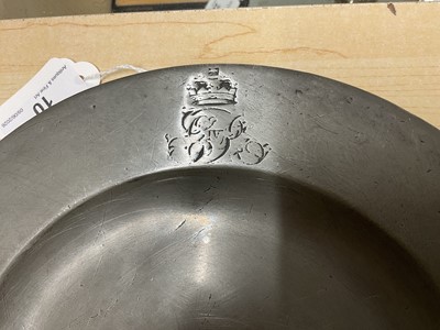 Lot 10 - The Coronation of H.M. King George IV, July 19th 1821, pair pewter plates made for the Coronation banquet held at Westminster Hall each with engraved crowned GR IV cypher to border, 24.7cm diamet...