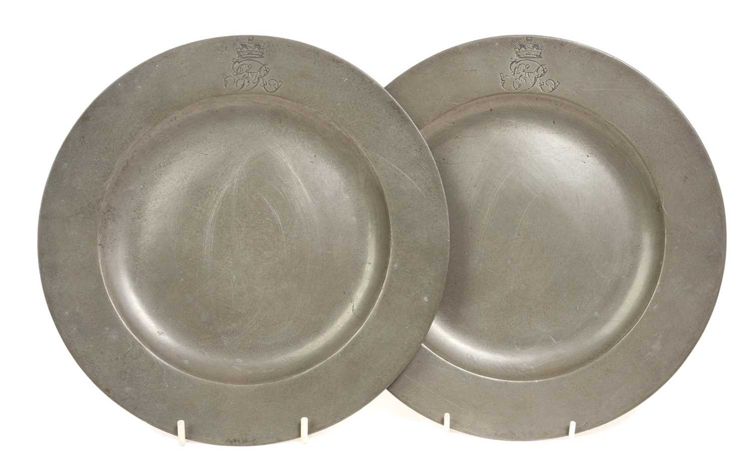 Lot 11 - The Coronation of H.M. King George IV, July 19th 1821, pair pewter plates made for the Coronation banquet held at Westminster Hall each with engraved crowned GR IV cypher to border, 24.7cm diamet...