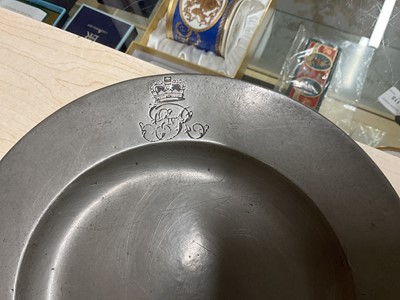 Lot 11 - The Coronation of H.M. King George IV, July 19th 1821, pair pewter plates made for the Coronation banquet held at Westminster Hall each with engraved crowned GR IV cypher to border, 24.7cm diamet...