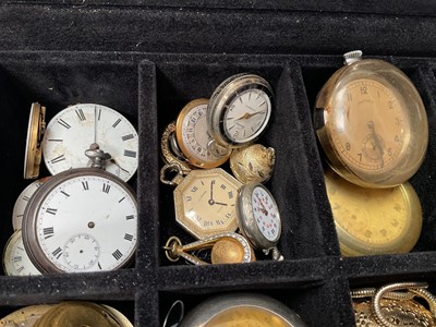 Lot 94 - Collection of vintage and later pocket watches, pocket watch movements, cases including two silver and various parts, within a watch display box