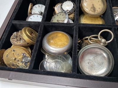 Lot 94 - Collection of vintage and later pocket watches, pocket watch movements, cases including two silver and various parts, within a watch display box