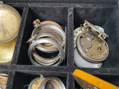 Lot 94 - Collection of vintage and later pocket watches, pocket watch movements, cases including two silver and various parts, within a watch display box