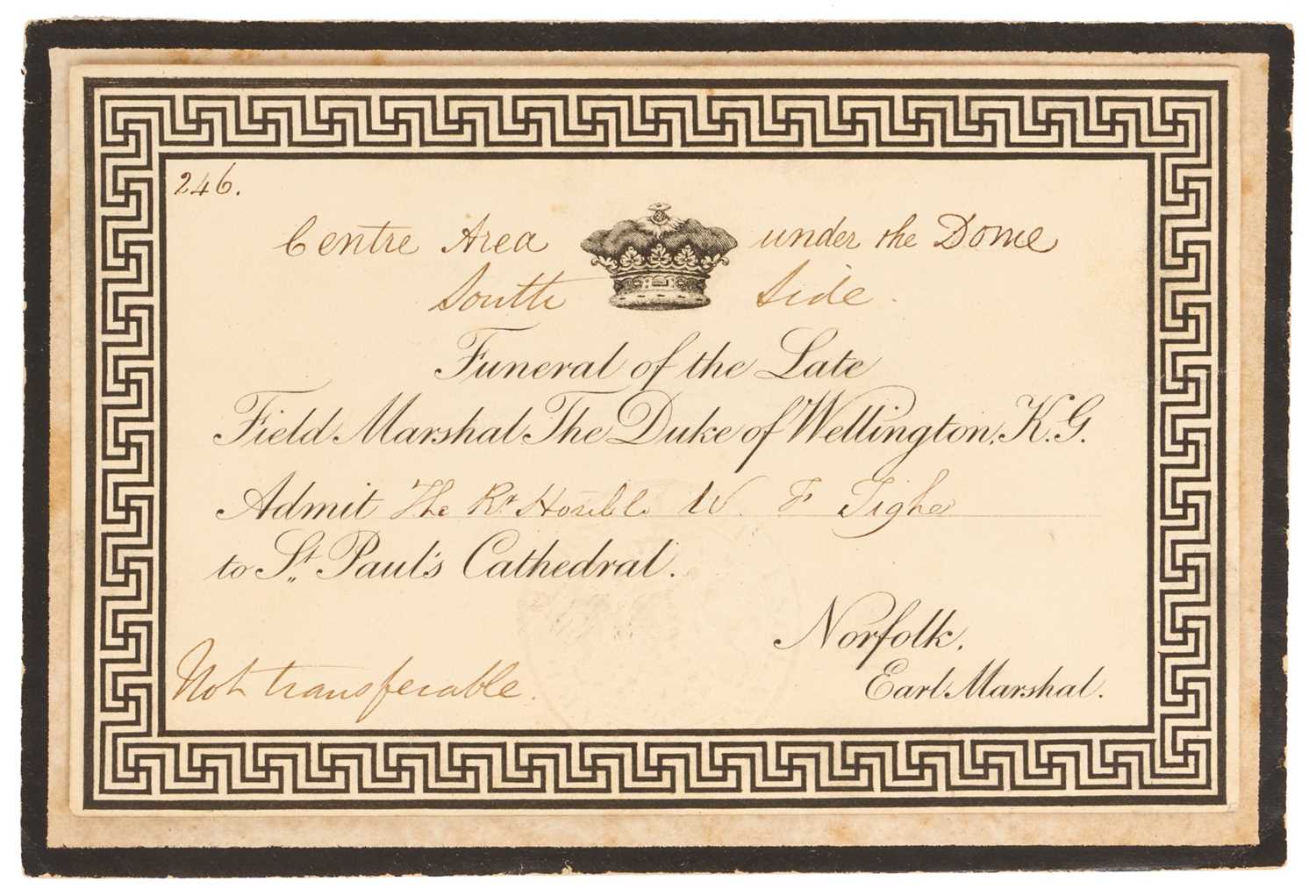 Lot 28 - The Funeral of the Duke of Wellington, 18th November 1852, scarce entrance ticket with envelope