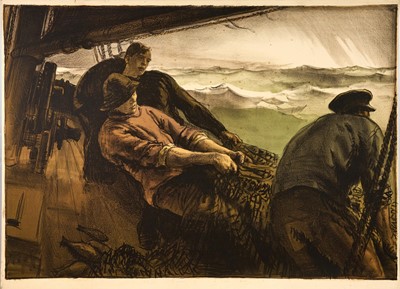 Lot *Gerald Spencer Pryse (1882-1956) coloured lithograph, Scenes of the Empire series 1924, British Deep Sea Fishing, signed, 86cm x 125cm, unframed