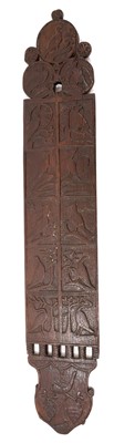 Lot Rare early 17th century carved oak ‘Tally Board’, Victorian labels verso