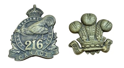 Lot 811 - First World War Canadian Expeditionary Force cap badge for the 216th Battalion (Toronto Bantams) with pin backing and makers name- Ellis Bros. Toronto and another cap badge, (2).