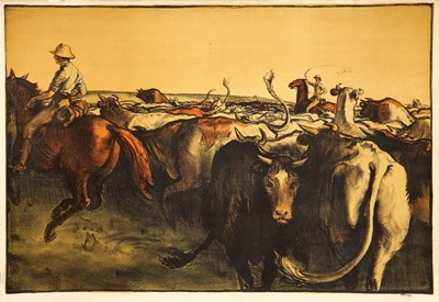 Lot *Gerald Spencer Pryse (1882-1956) coloured lithograph, Scenes of the Empire series 1924, Australian Cattle Station, signed, 83cm x 125cm, unframed