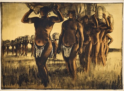 Lot *Gerald Spencer Pryse (1882-1956) coloured lithograph, Scenes of the Empire series 1924, Nigerian Load Carriers, signed, 89cm x 125cm, unframed