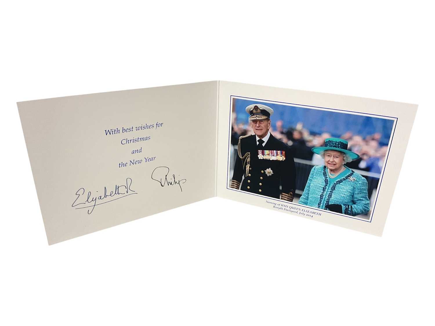 Lot 46 - H.M. Queen Elizabeth II and H.R.H. The Duke of Edinburgh, signed 2014 Christmas card with twin gilt cyphers to cover, colour photograph of the smiling Royal couple at the naming ceremony for HMS Q...