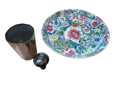 Lot 5021 - Antique Chinese porcelain dish with Guangxu mark, painted in enamels with flowers, together with a Chinese pewter cup engraved with a dragon, and a cloisonné walking stick handle (3)