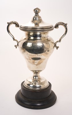 Lot George V silver two handled trophy cup and cover, with engraved presentation inscription ''Bramham Moor Hunt Point to Point Steeple Chases 4th April 1936 Farmers Race cup