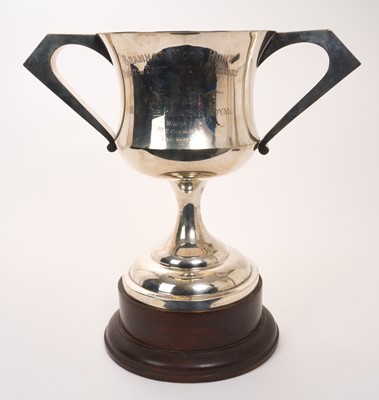 Lot George V silver two handled trophy cup, with engraved presentation inscription ''Bramham Moor Hunt Point to Point Steeple Chases 7th April 1934 Farmers Race cup p
