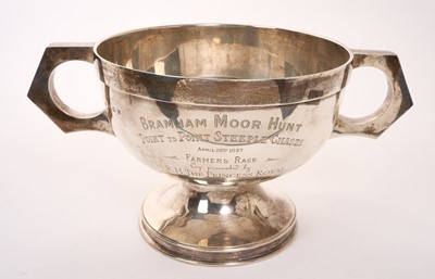 Lot George V silver two handled trophy cup, with engraved presentation inscription ''Bramham Moor Hunt Point to Point Steeple Chases 28th April 1937
