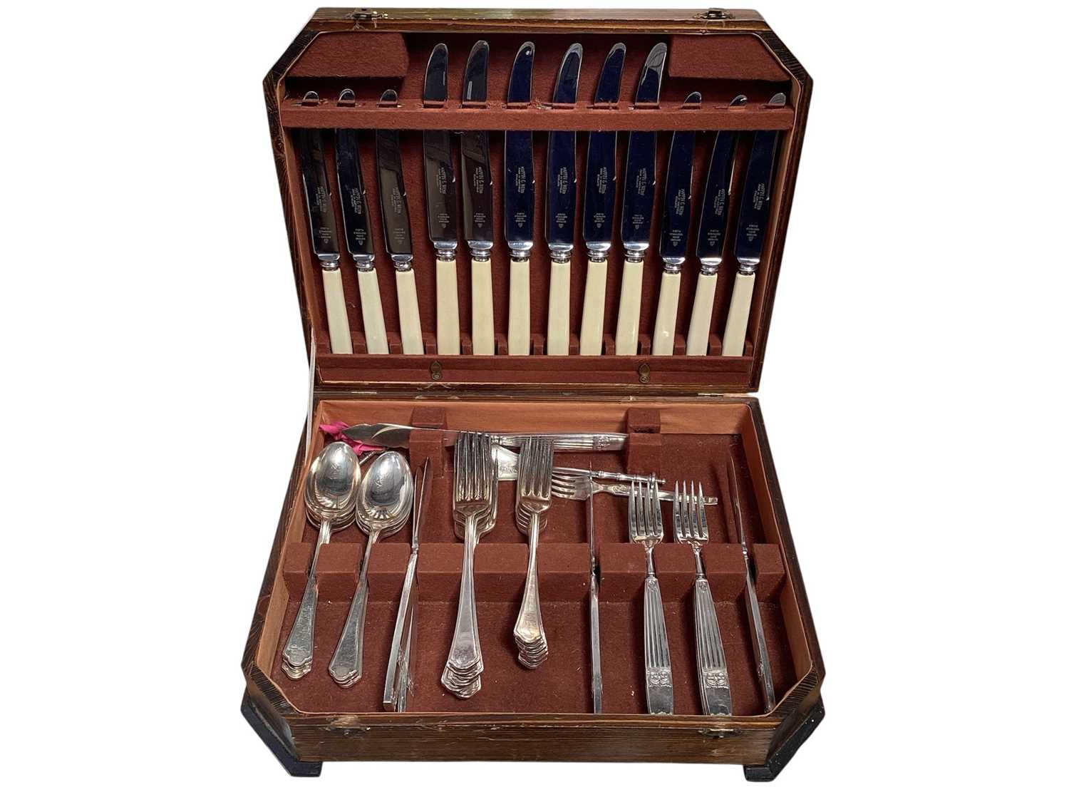 Lot 5026 - Canteen of silver plated cutlery by Mappin and Webb in oak cased box