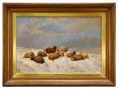 Lot Charles Jones (1836-1892) oil on canvas - Sheep in a Snow Covered Landscape, monogrammed and dated '64, 61cm x 94cm, in gilt frame