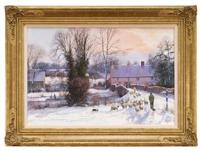 Lot *Clive Madgwick (1934-2005) oil on canvas - Driving Sheep over a snow-covered Chelsworth Bridge, signed, 51cm x 76cm, in gilt frame