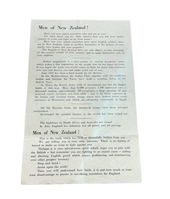 Lot 837 - Original Second World War German propaganda leaflet produced for air drop over New Zealand troops during the North African campaign, c1941–42, 30x19cms. The reverse side has a Kiwi emblem with an...