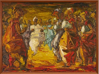 Lot Ablade Glover (Ghanaian, b. 1934) oil on board, Tribal dance, unsigned. Provenance: A student work gifted to the current owner whilst she was a fellow student at the Central School of Art in Lon...