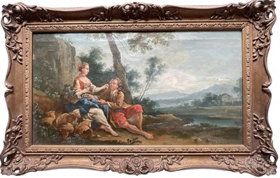 Lot 1263 - After François Boucher, 19th century oil on canvas - Romantic Couple and their Sheep, 36cm x 64cm, in gilt frame