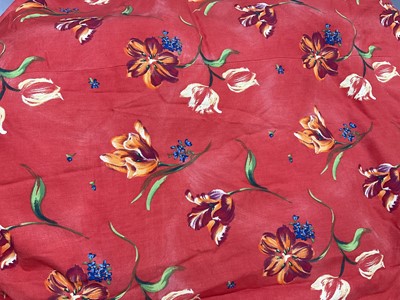 Lot 2575 - One pair of lined curtains, "Trees" by Anna French 1995, has pinch pleat heading, width across gathered top 100cm approx, drop is 125cm approx. Two other pairs lined and interlined, "Tulipa" by...