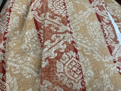 Lot 2576 - One pair of lined and interlined curtains, "Segovia" from the Sagasso Collection Monkwell 1996, pinch pleat top. Width across gathered heading 70cm approx, drop 220cm approx.