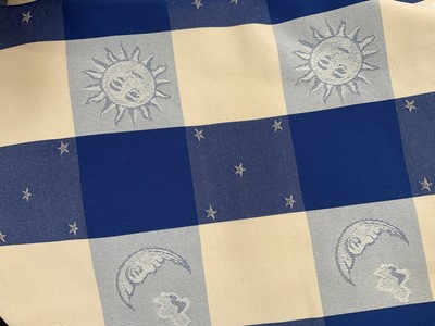 Lot 2577 - One pair of blue full-length curtains, three various single curtains (incl one long pale blue), one pair of pink curtains, one pair of blue checkered curtains.