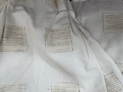 Lot 2579 - One pair of lined curtains, "Tulipa" by Nouveau Fabrics LTD MMVII, pinch pleat heading, width across gathered 120cm approx, drop 160cm approx. One pair of lined cream curtains, pinch pleat headi...
