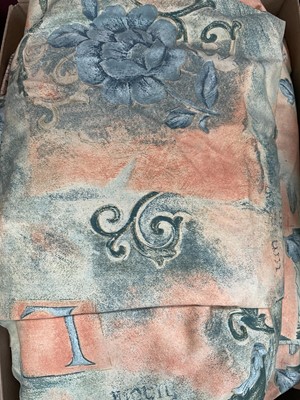 Lot 2580 - Two pairs of fawn lined and interlined curtains with floral edge, width across gathered top 60cm approx, drop 100cm approx, with pair of plaited tie-backs. One pair of green and rust curtains, w...