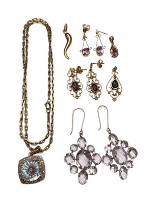 Lot 316 - 9ct gold and gem-set pendant on a 9ct gold chain, three pairs of gold and gems set earrings and pendants