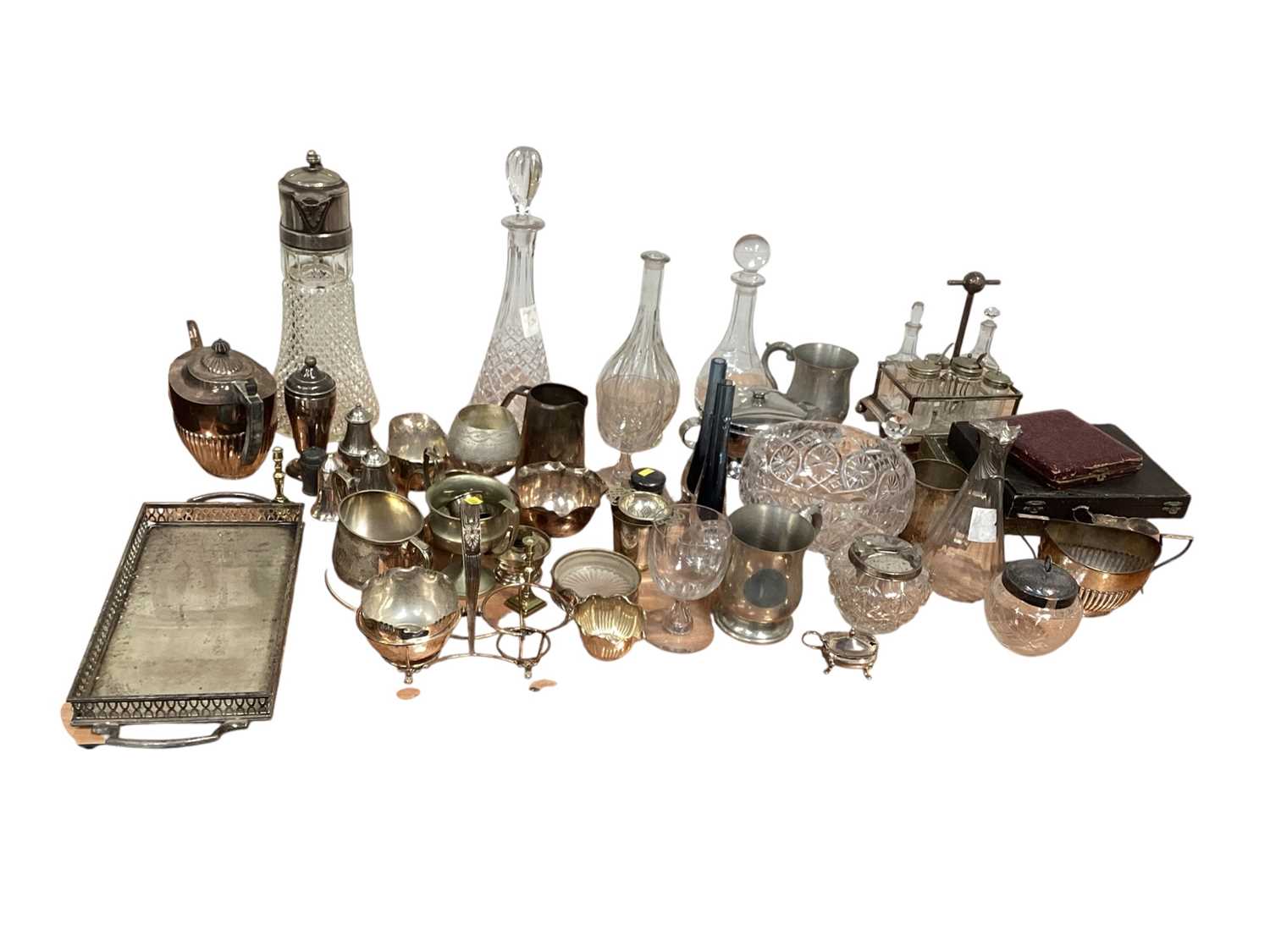 Lot 5051 - Group of silver plate and glass to include silver plated teapot, decanters etc