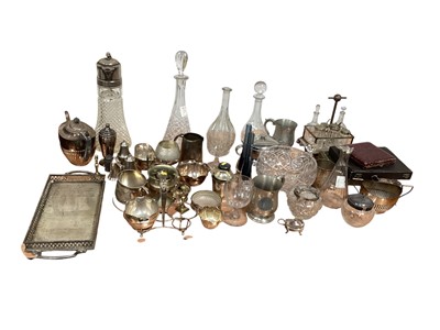 Lot 5051 - Group of silver plate and glass to include silver plated teapot, decanters etc