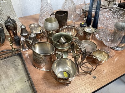 Lot 5051 - Group of silver plate and glass to include silver plated teapot, decanters etc