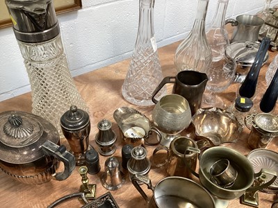 Lot 5051 - Group of silver plate and glass to include silver plated teapot, decanters etc