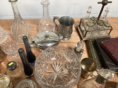 Lot 5051 - Group of silver plate and glass to include silver plated teapot, decanters etc