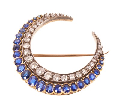 Lot A fine Victorian diamond and sapphire crescent brooch with graduated old cut diamonds and graduated ovs, mixed cut blue sapphires in silver and gold setting with pierced gold gallery and detacha...