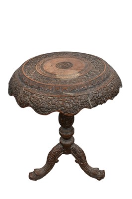 Lot 1391 - 19th century Burmese carved hardwood occasional table, the circular relief carved top with conforming apron and knopped column on tripod supports with mask terminals, 48cm diameter x 65cm high