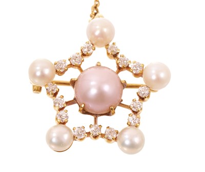 Lot Edwardian Tiffany & Co. pearl and diamond star shape brooch with a central pale pink pearl measuring approximately 8.8mm within a star shape border of old cut diamonds and five further pearl...