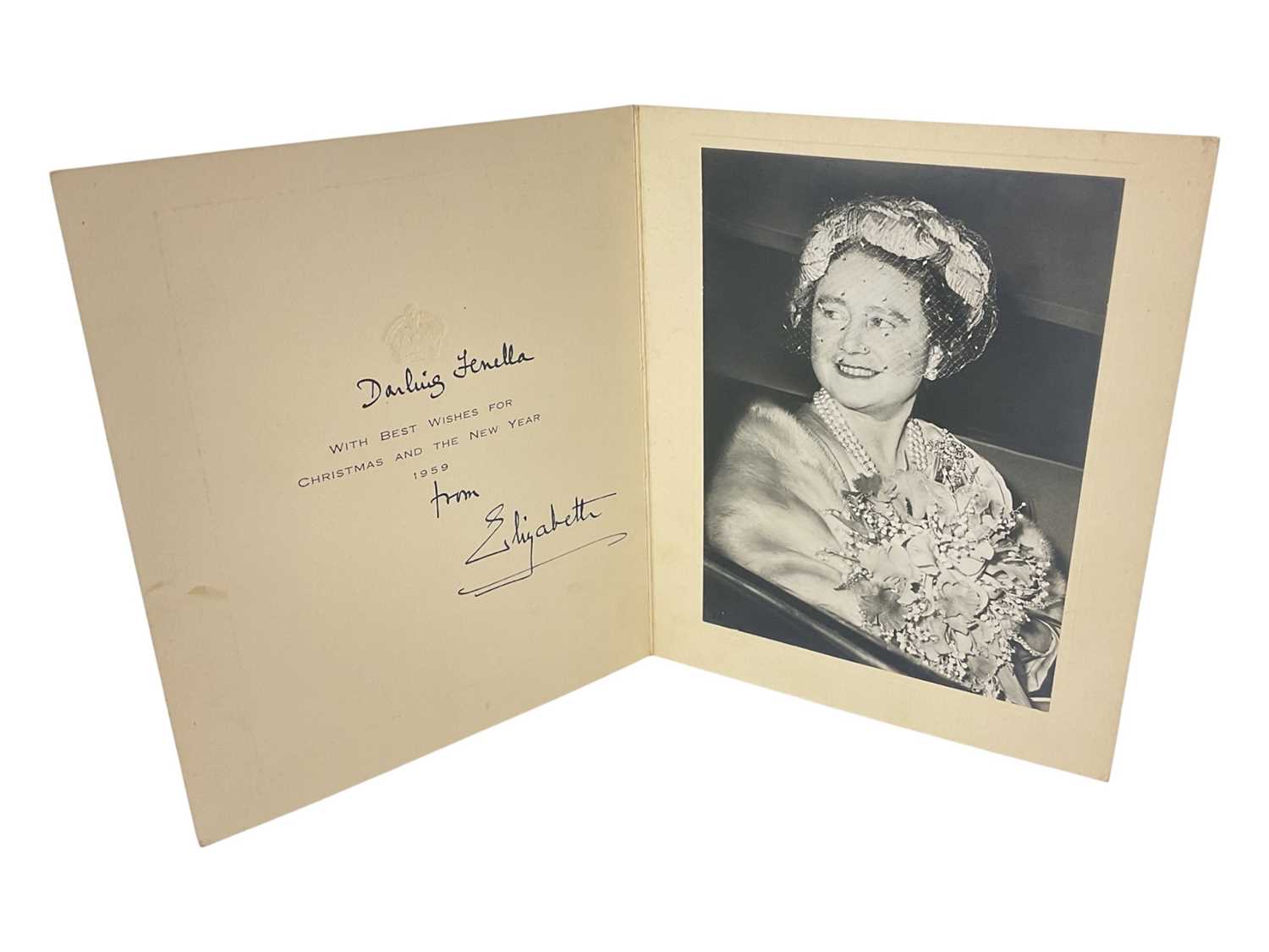 Lot 90 - H.M. Queen Elizabeth The Queen Mother, family signed 1959 Christmas card with gilt crown to cover and photograph of The Queen Mother to the interior, signed ' Darling Fenella, from Elizabeth' Pro...