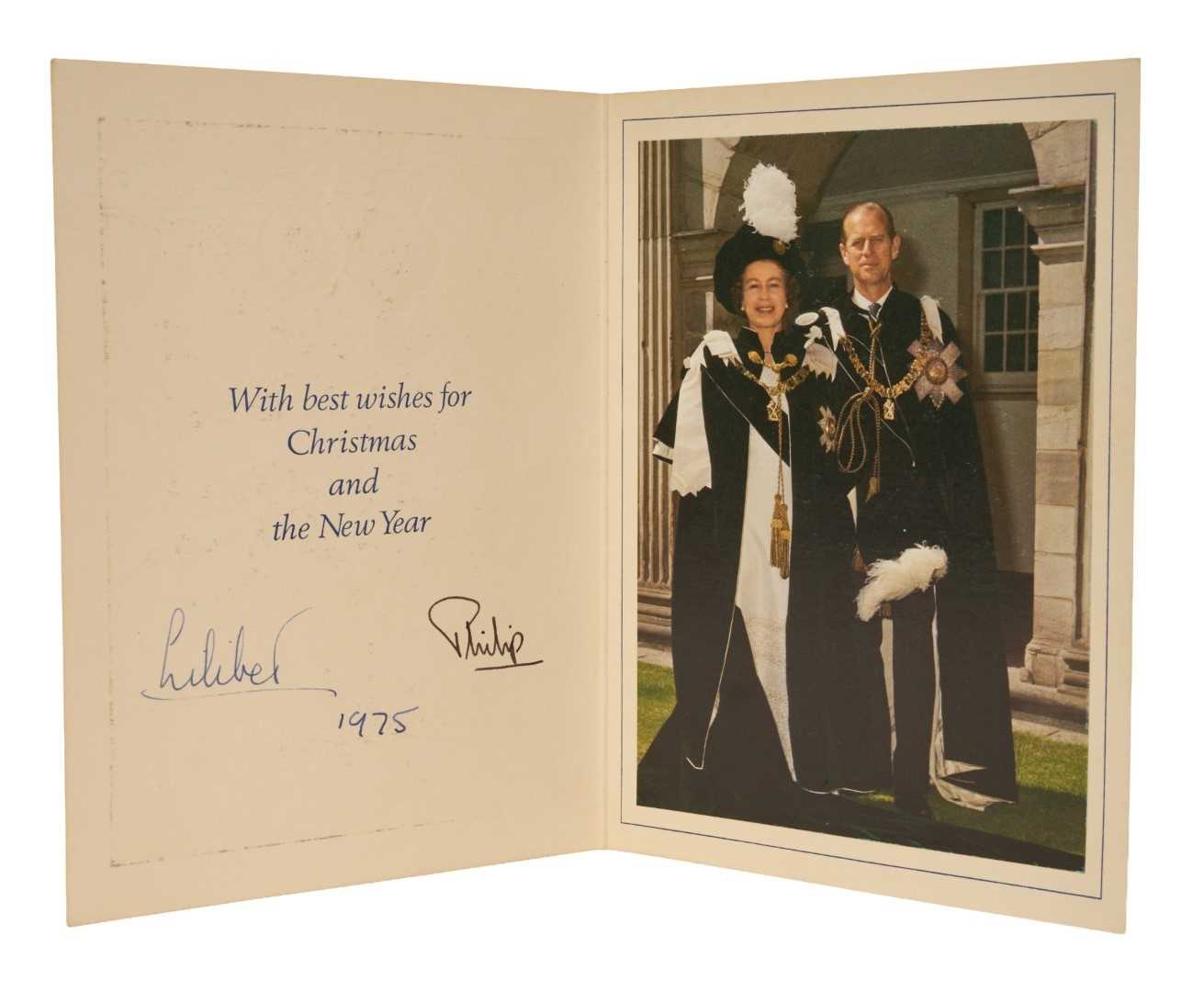 Lot 93 - H.M. Queen Elizabeth II and H.R.H. The Duke of Edinburgh , family signed 1975 Christmas card with gilt cyphers to cover and photograph of the Royal couple in Order of The Thistle robes to the inte...